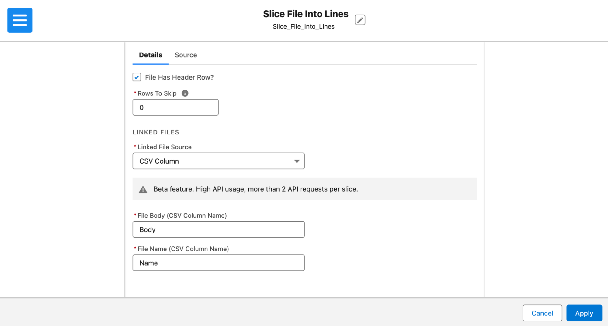 Slice CSV with file body 1
